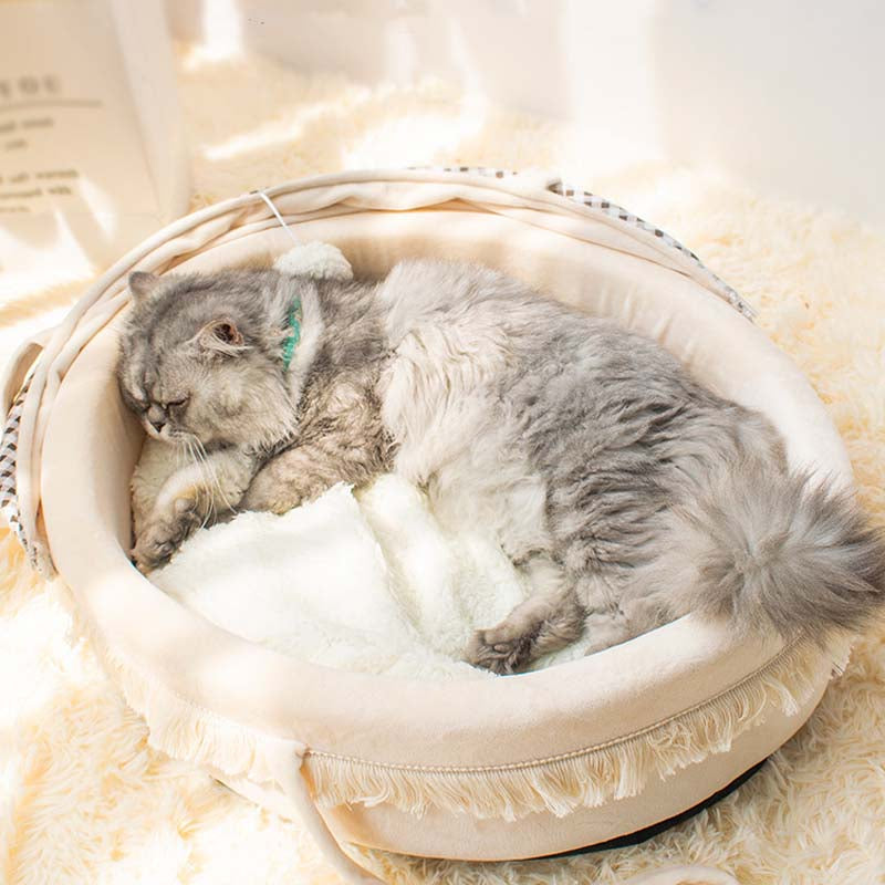 Cat Beds for Indoor Cats - Cat Cradle Semi-Enclosed House with Fluffy Ball Hanging