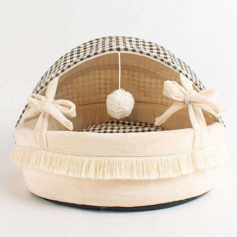 Cat Beds for Indoor Cats - Cat Cradle Semi-Enclosed House with Fluffy Ball Hanging