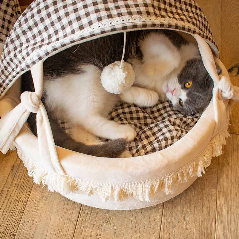 Cat Beds for Indoor Cats - Cat Cradle Semi-Enclosed House with Fluffy Ball Hanging