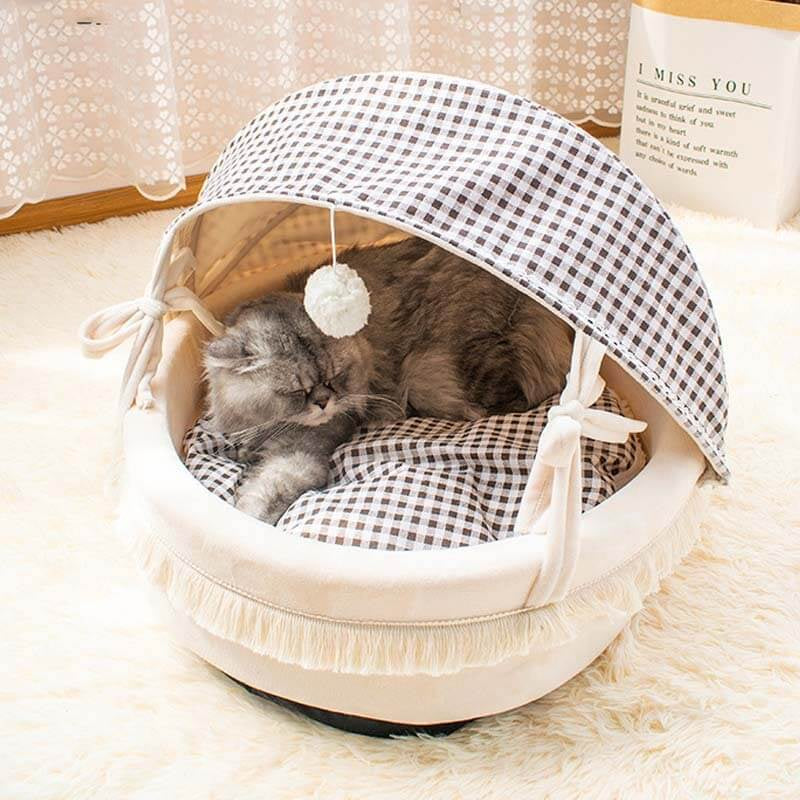 Cat Beds for Indoor Cats - Cat Cradle Semi-Enclosed House with Fluffy Ball Hanging