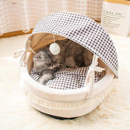 Cat Beds for Indoor Cats - Cat Cradle Semi-Enclosed House with Fluffy Ball Hanging