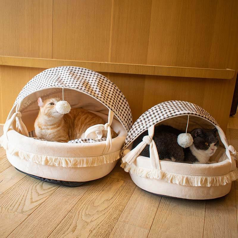 Cat Beds for Indoor Cats - Cat Cradle Semi-Enclosed House with Fluffy Ball Hanging